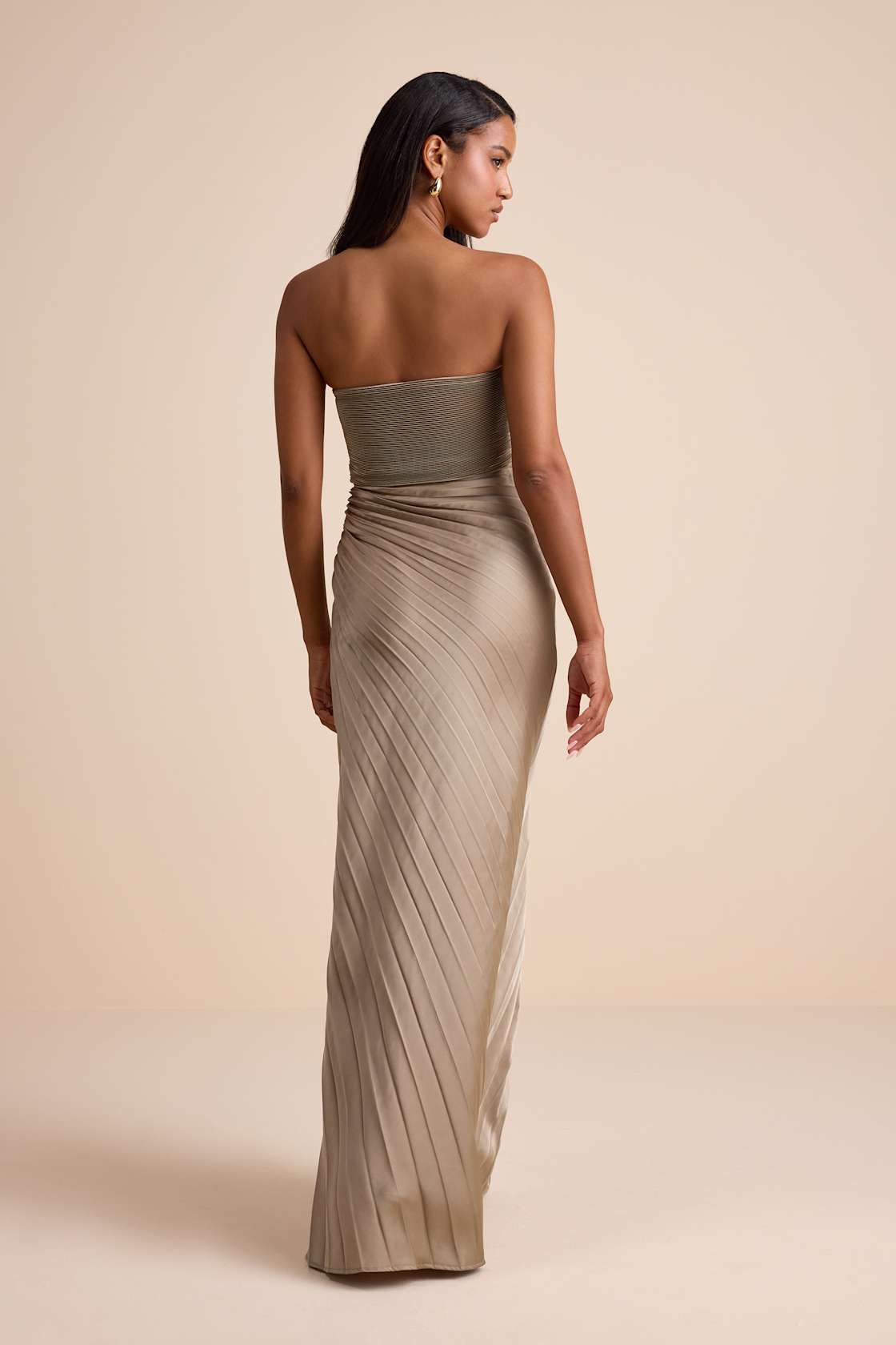 Nyrah Taupe Satin Pleated Strapless Maxi Dress