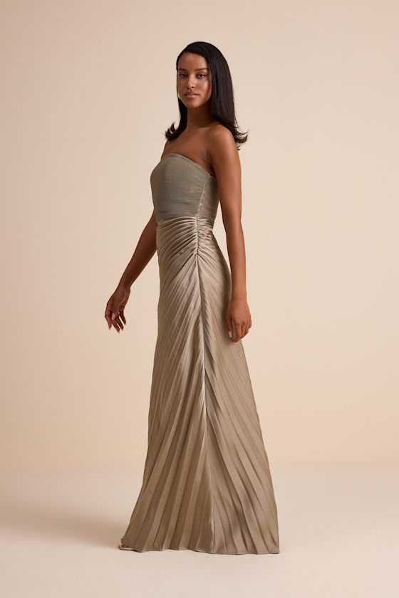 Taupe Satin Dress - Strapless Maxi Dress - Satin Pleated Dress - Image 4