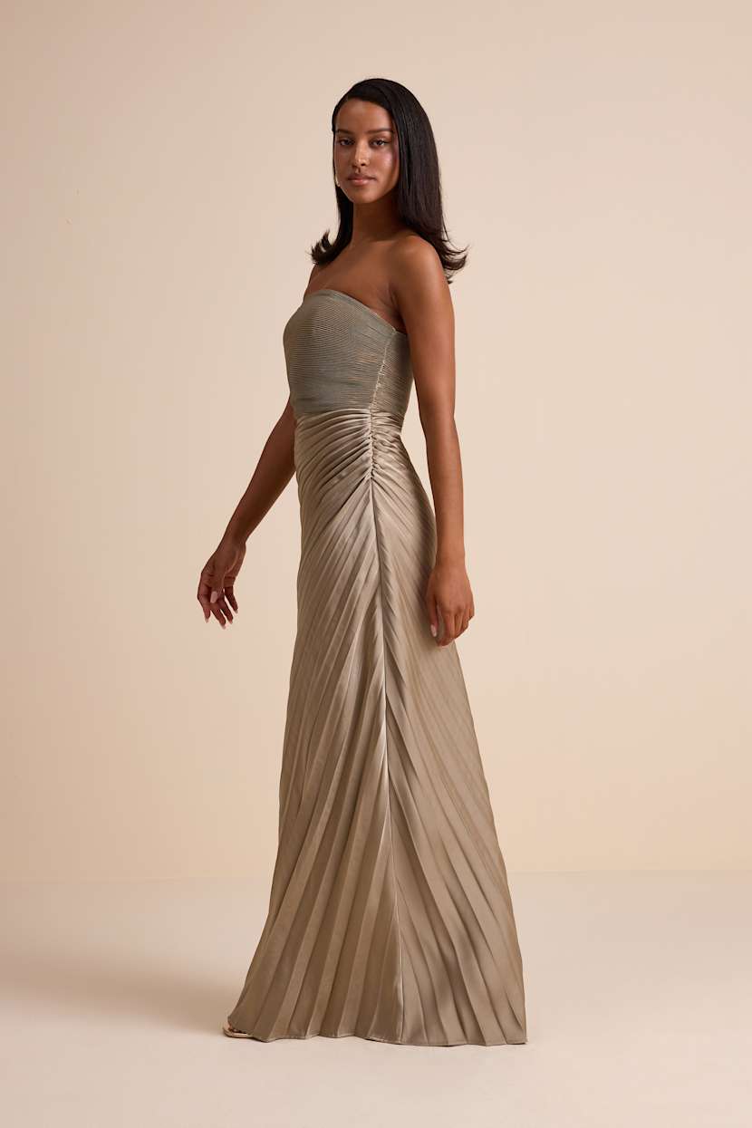 Nyrah Taupe Satin Pleated Strapless Maxi Dress