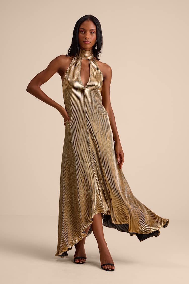 slim fit dress slacks Gold Draped Metallic Maxi Dress main image 1