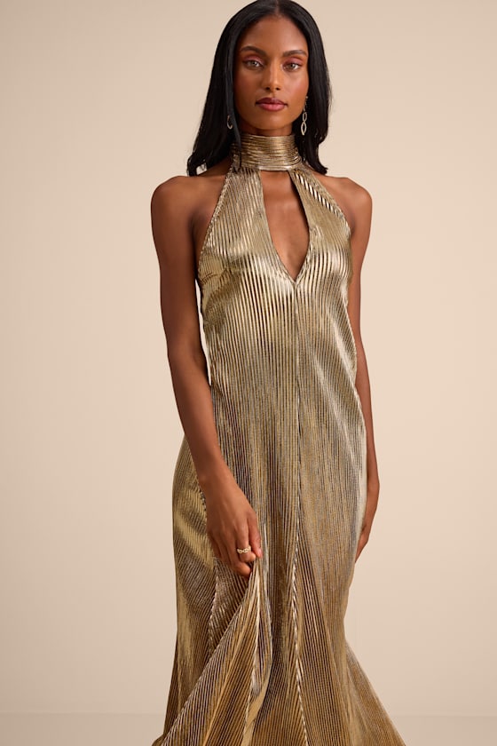 Metallic Gold Dress - Plisse Pleated Dress - Halter Shift Dress