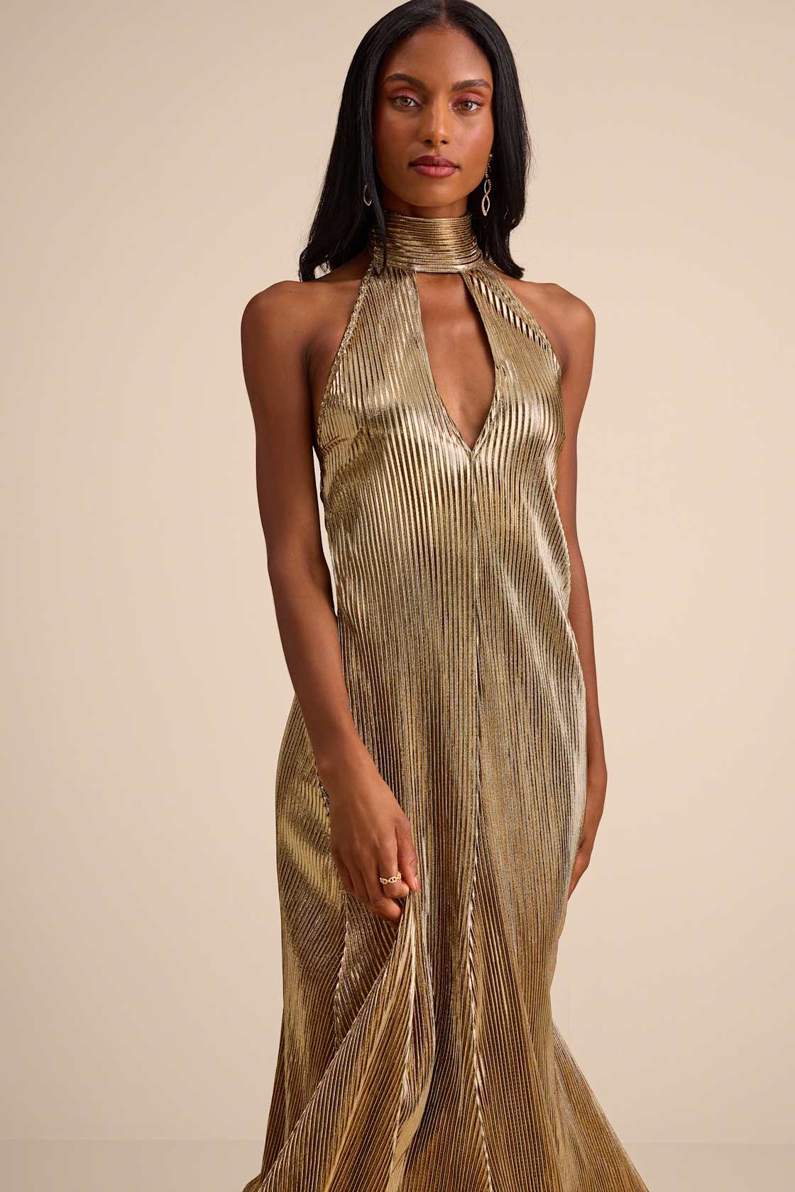 Verlice Metallic Gold Plisse Pleated Cutout Maxi Dress
