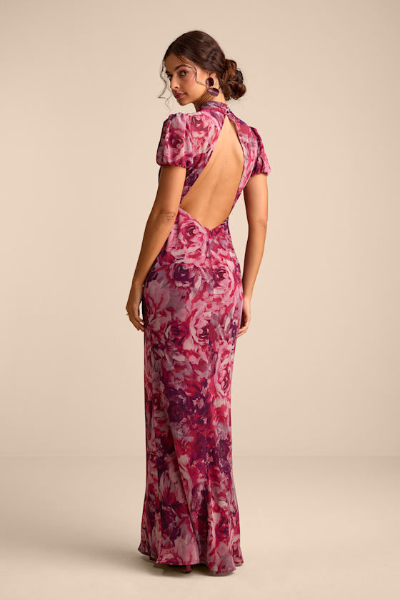 Lulus Langley Mauve Multi Floral Backless Maxi Dress In Purple