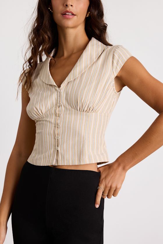 Alexis Beige Striped Collared Button-Up Top 5