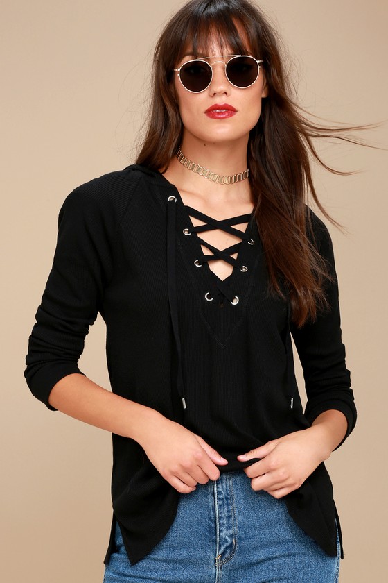 Adventure Forever Black Lace-Up Hooded Thermal Top