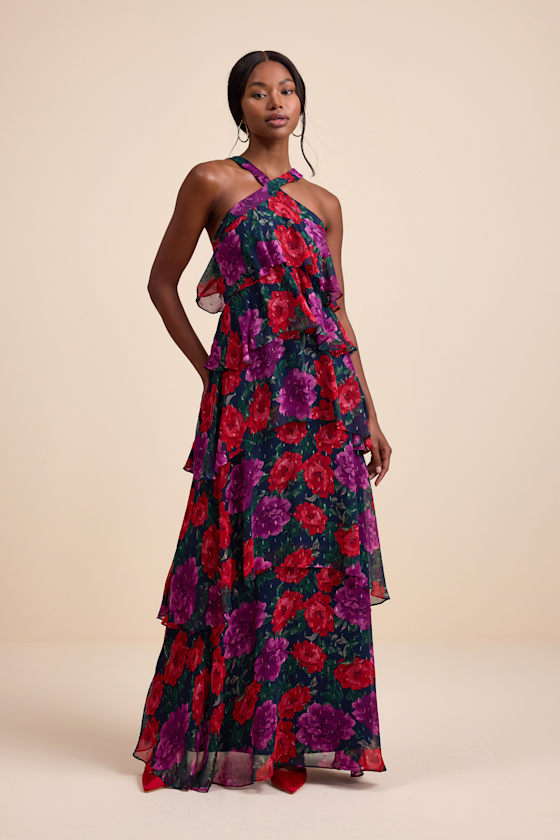 Allegria Navy Floral Clip Dot Tiered Backless Maxi Dress 1