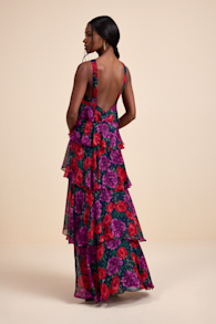 Allegria Navy Floral Clip Dot Tiered Backless Maxi Dress 3