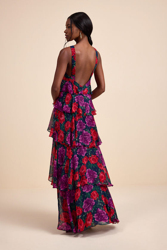 Allegria Navy Floral Clip Dot Tiered Backless Maxi Dress 3