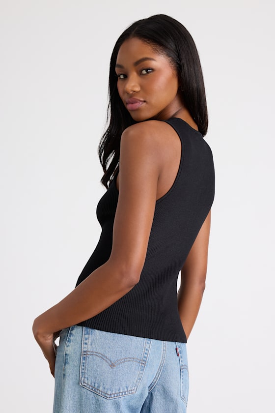 Black Ribbed Top - Button-Front Tank Top - Sleeveless Knit Top - Lulus