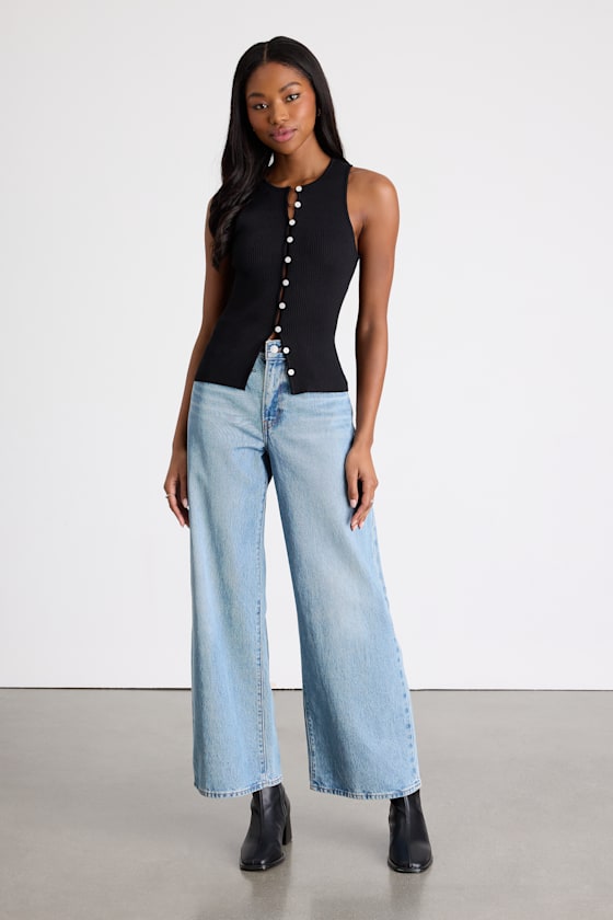 Black Ribbed Top - Button-Front Tank Top - Sleeveless Knit Top - Lulus