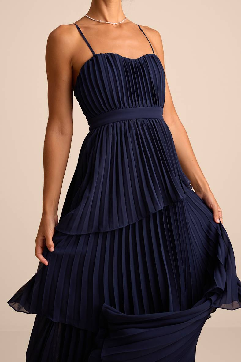 Jehona Navy Blue Pleated Tiered Maxi Dress