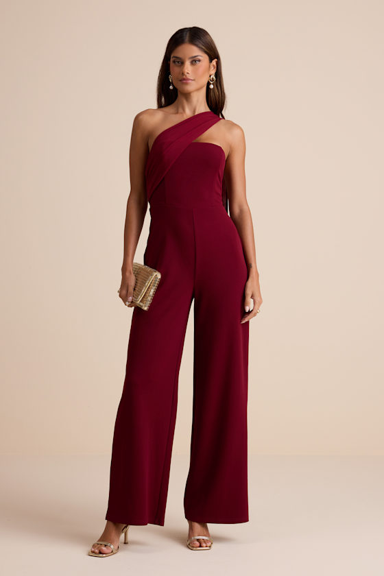 Hexley Burgundy One-Shoulder Sash Scarf Jumpsuit 1