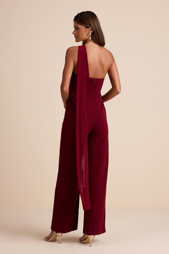 Hexley Burgundy One-Shoulder Sash Scarf Jumpsuit 2