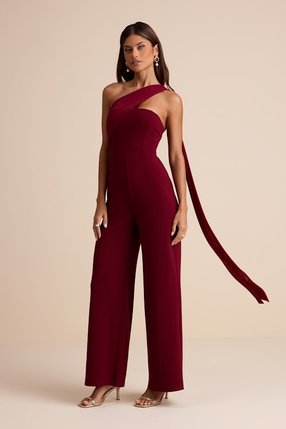 Burgundy Jumpsuit - One-Shoulder Jumpsuit - Sash Scarf Jumpsuit