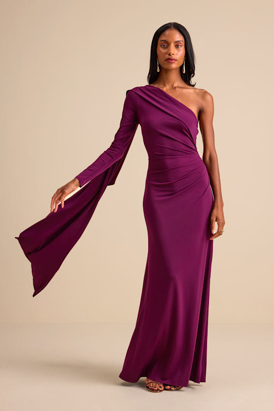 Maru Plum Purple Long Sleeve One-Shoulder Sash Maxi Dress