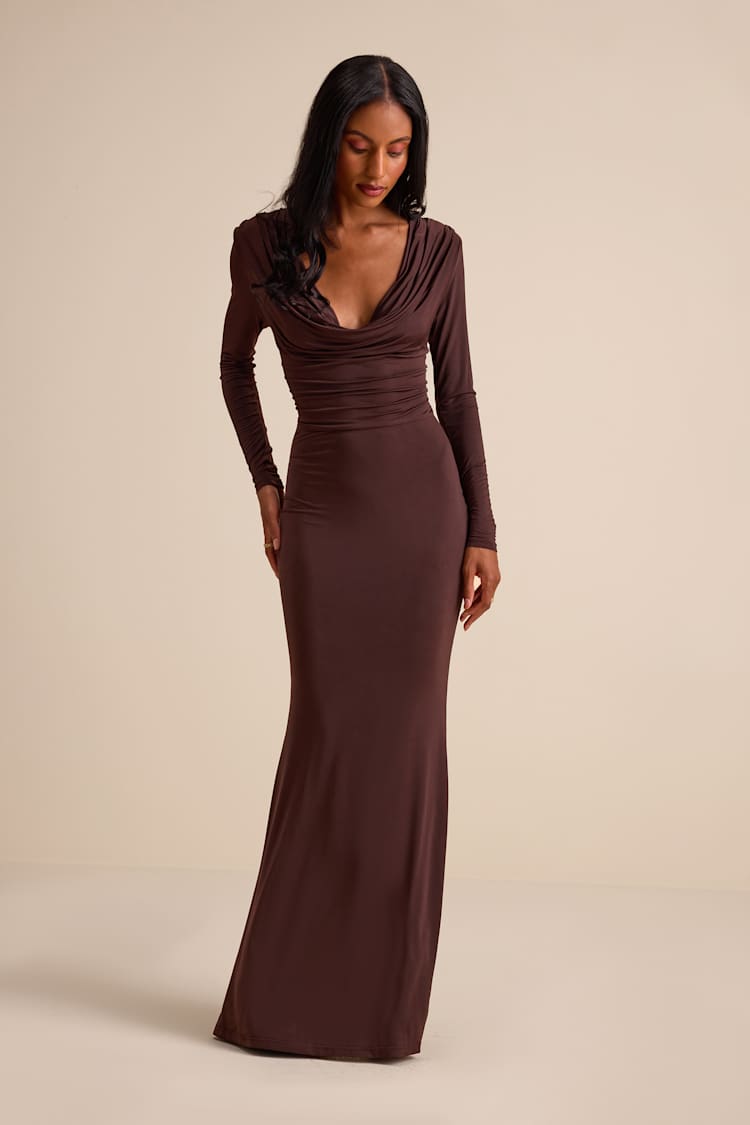 brown jersey knit dress Brown Jersey Knit Dress - Brown Maxi Dress - Cowl Neck Maxi Dress