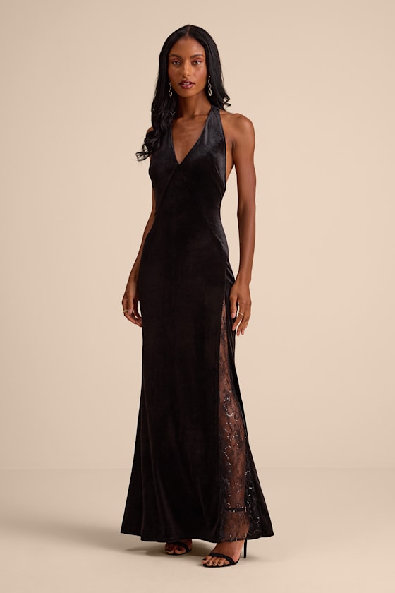 Calisto Black Velvet Halter Mermaid Maxi Dress 1