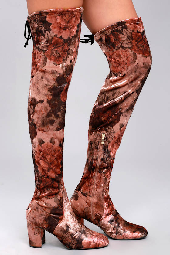 Lotus Brown Print Velvet Over the Knee Boots 5
