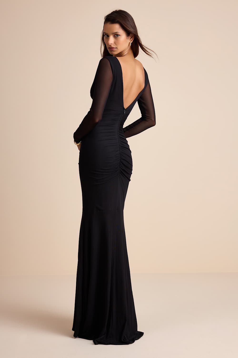 Georgina Black Jersey Knit Ruched Mermaid Maxi Dress