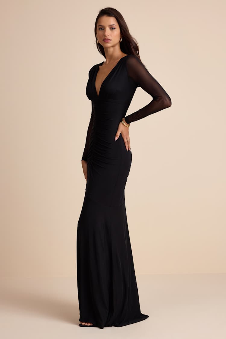 Georgina Black Jersey Knit Ruched Mermaid Maxi Dress