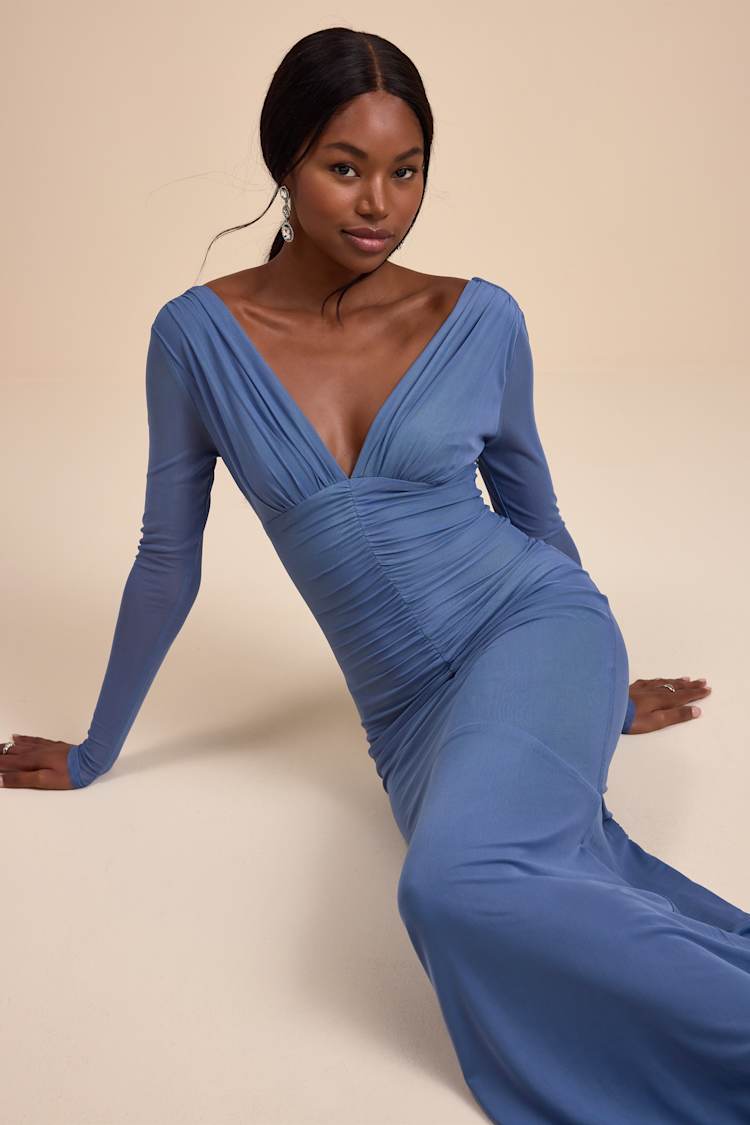 Georgina Slate Blue Jersey Knit Ruched Mermaid Maxi Dress