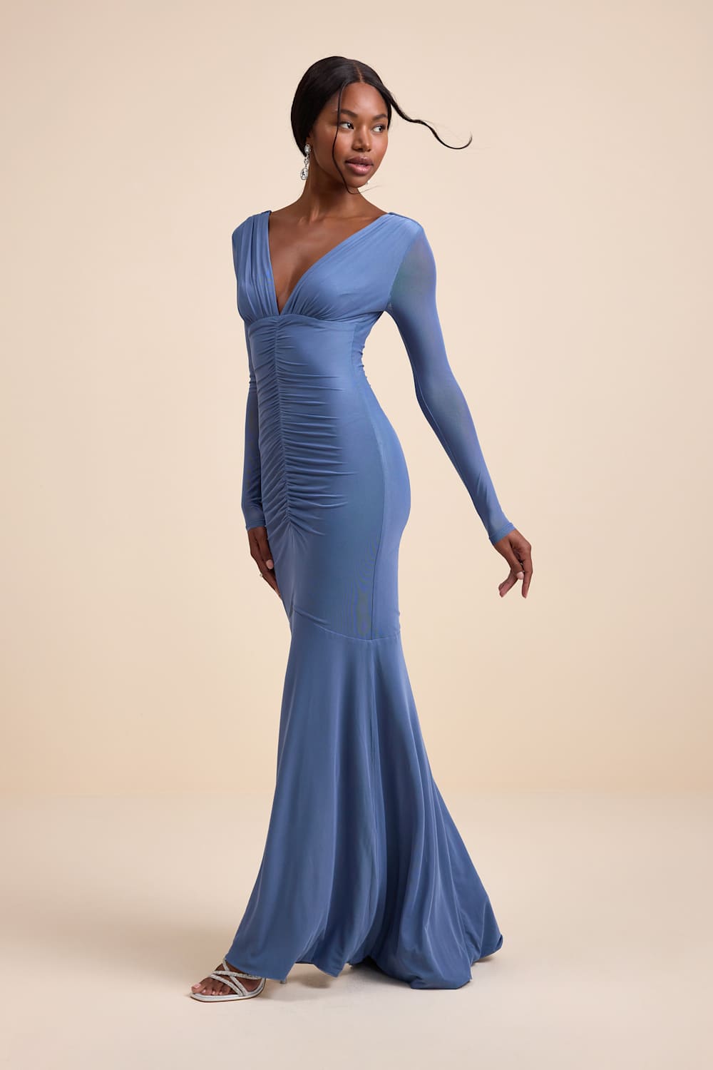 Georgina Slate Blue Jersey Knit Ruched Mermaid Maxi Dress