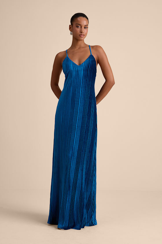 Kauri Dark Teal Blue Velvet Pleated Backless Maxi Dress 2