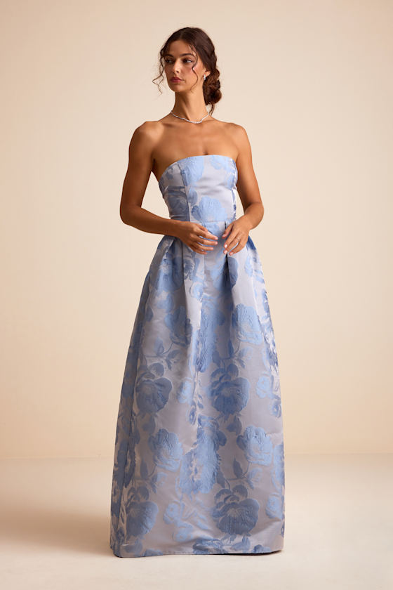 Slate Blue Dress - Pleated Jacquard Dress - Strapless Maxi Dress