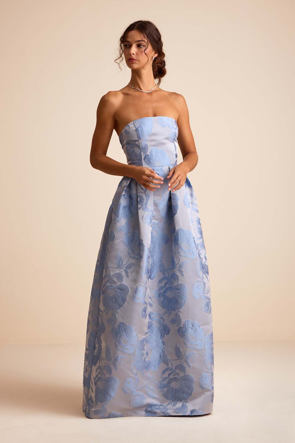 Laurelin Slate Blue Floral Jacquard Pleated Strapless Maxi Dress