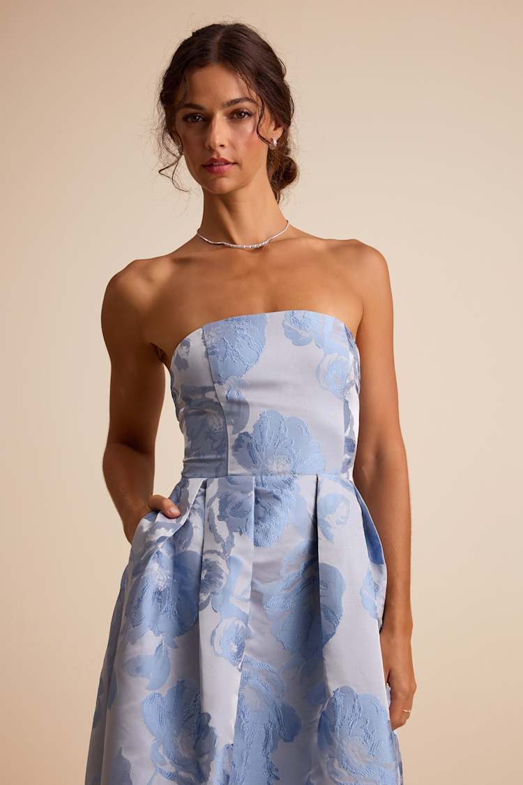 Laurelin Slate Blue Floral Jacquard Pleated Strapless Maxi Dress