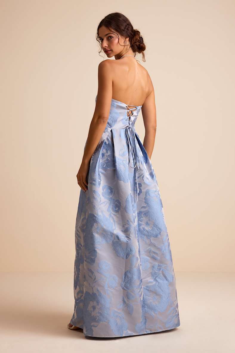 Laurelin Slate Blue Floral Jacquard Pleated Strapless Maxi Dress
