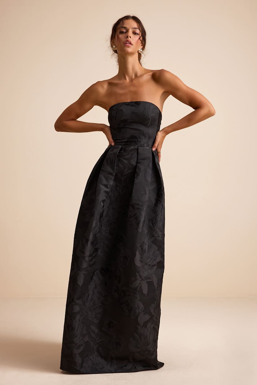 knee length dresses for ladies Mac Duggal Crepe Printed Strapless Midi Dress, Womens, 6, Black Rose main image 1