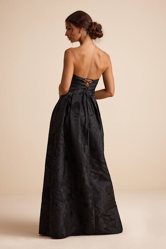 Black Maxi Dress - Pleated Jacquard Dress - Strapless Maxi Dress - Image 4