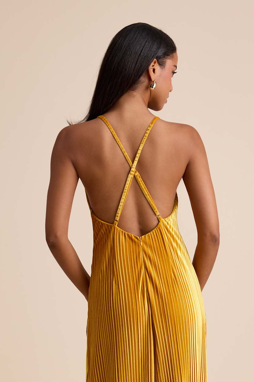 Kauri Golden Yellow Velvet Pleated Backless Maxi Dress Kauri Golden Yellow Velvet Pleated Backless Maxi Dress