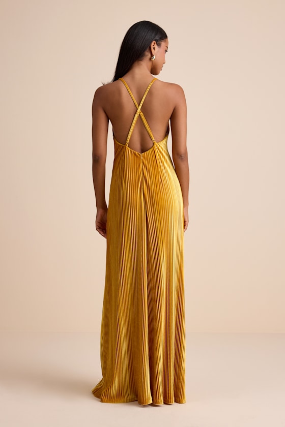 Lulus Kauri Golden Yellow Velvet Pleated Backless Maxi Dress In Yellow