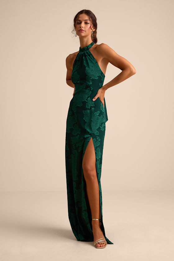 Mikani Dark Green Burnout Halter Maxi Dress 1