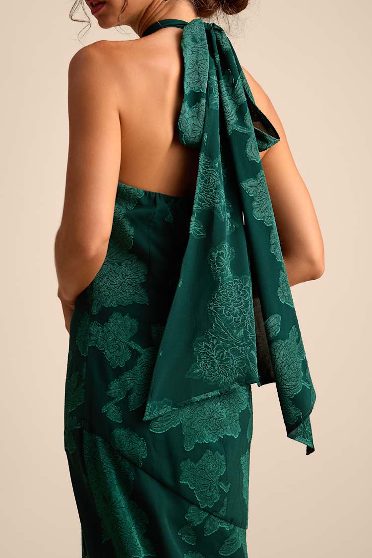Mikani Dark Green Burnout Halter Maxi Dress