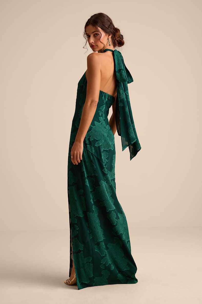 Mikani Dark Green Burnout Halter Maxi Dress