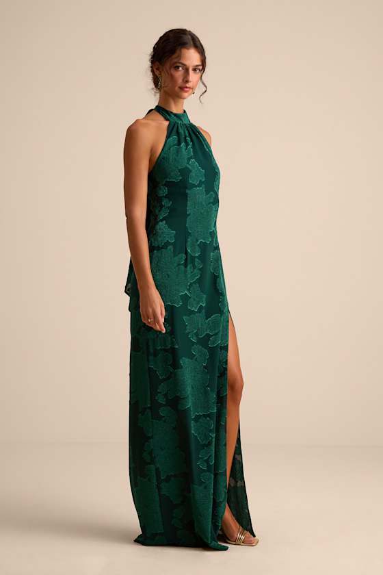 Mikani Dark Green Burnout Halter Maxi Dress - thumbnail 4