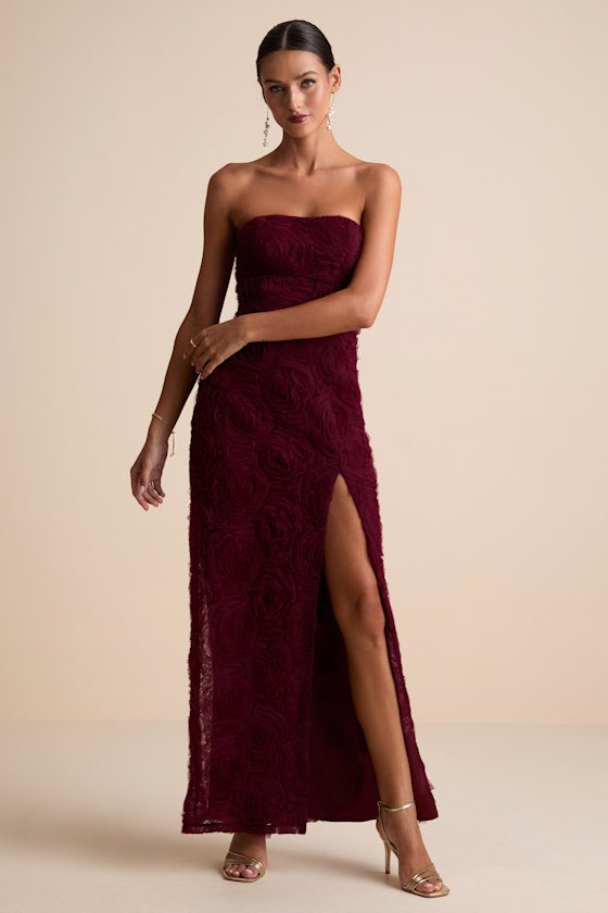 Amalia Burgundy Textured Strapless Maxi Dress 1