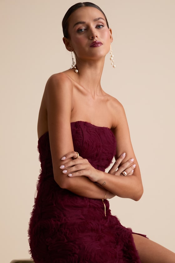 Amalia Burgundy Textured Strapless Maxi Dress 2