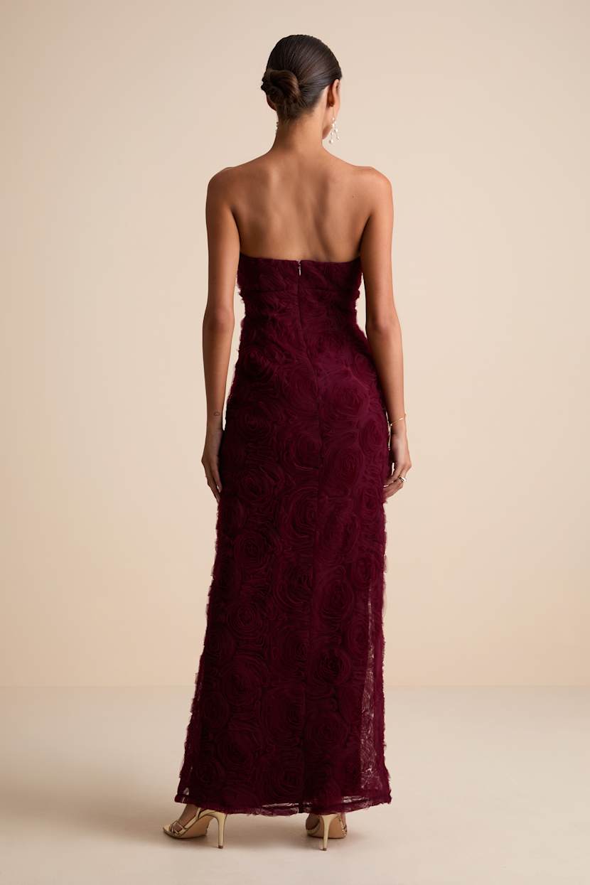 allured strapless maxi dress burgundy La Divine 7451 Strapless Formal Gown with Pleating Across Bodice and Wrap Skirt 4 / Burgundy