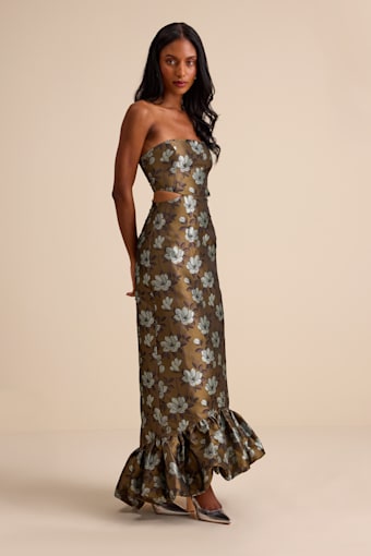 Nathania Olive Floral Jacquard Strapless Bubble-Hem Maxi Dress 1