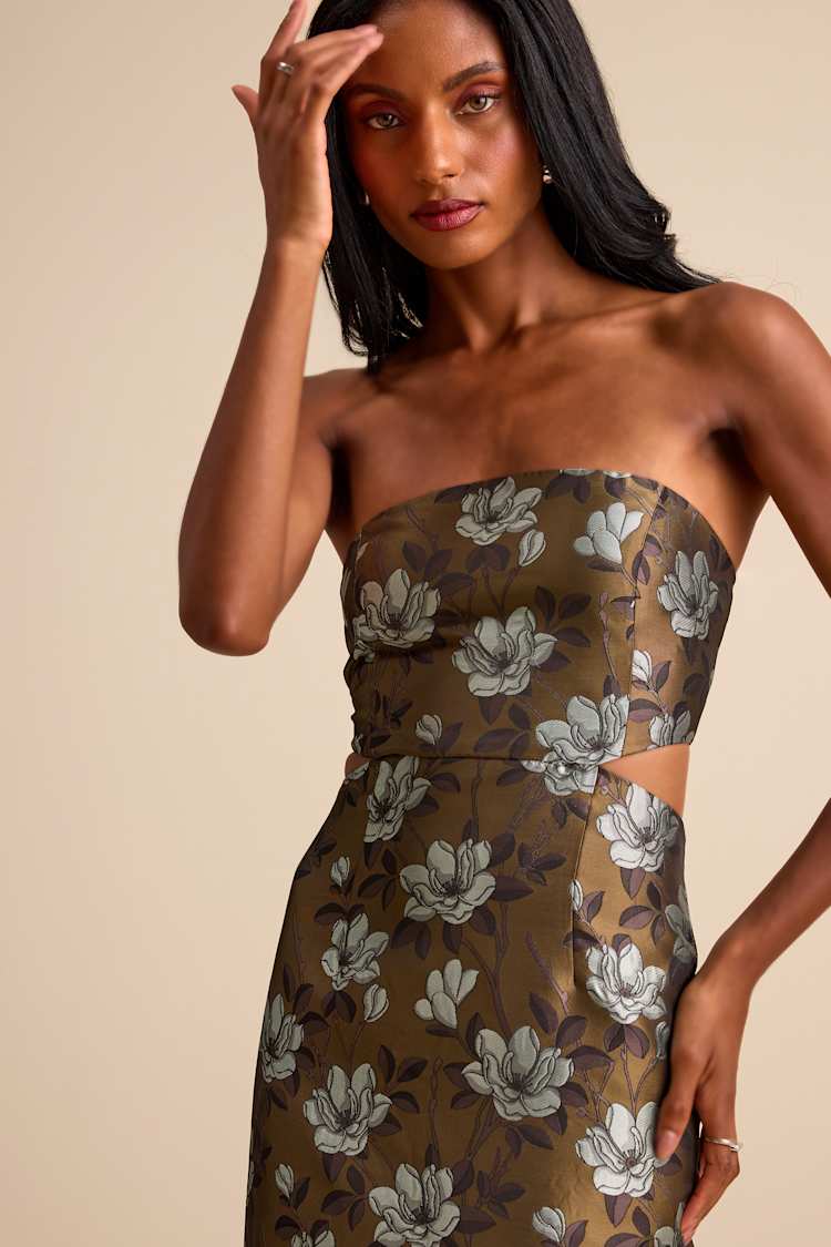 Nathania Olive Floral Jacquard Strapless Bubble-Hem Maxi Dress