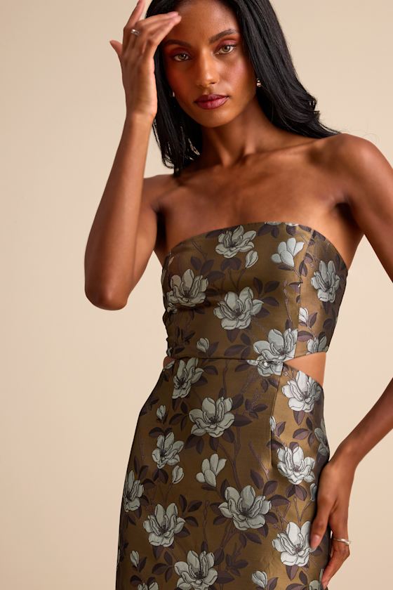 Nathania Olive Floral Jacquard Strapless Bubble-Hem Maxi Dress 2