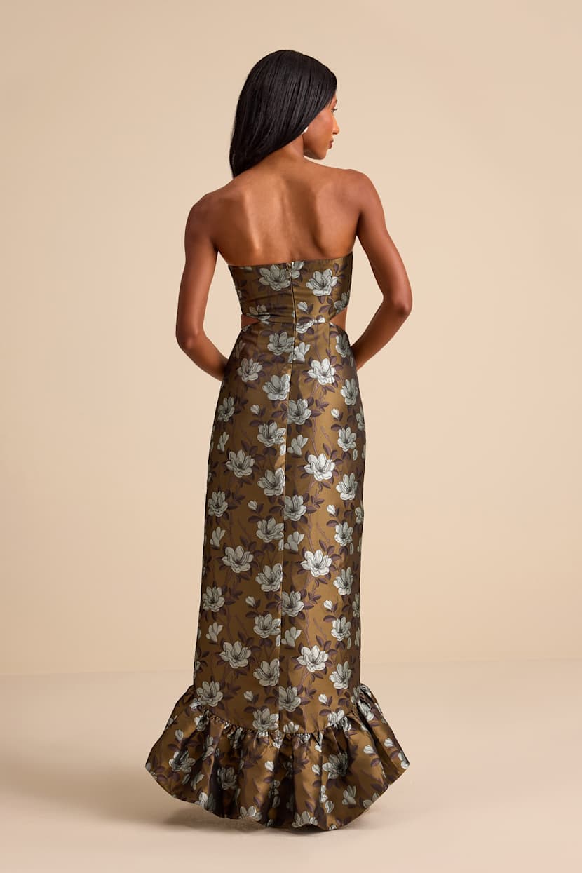Nathania Olive Floral Jacquard Strapless Bubble-Hem Maxi Dress