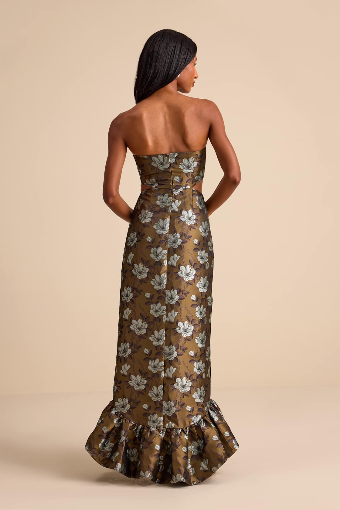 Nathania Olive Floral Jacquard Strapless Bubble-Hem Maxi Dress