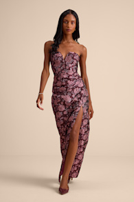 D’Amore Plum Floral Jacquard Strapless Tulip Maxi Dress 1