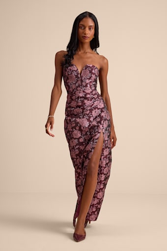 D’Amore Plum Floral Jacquard Strapless Tulip Maxi Dress 1