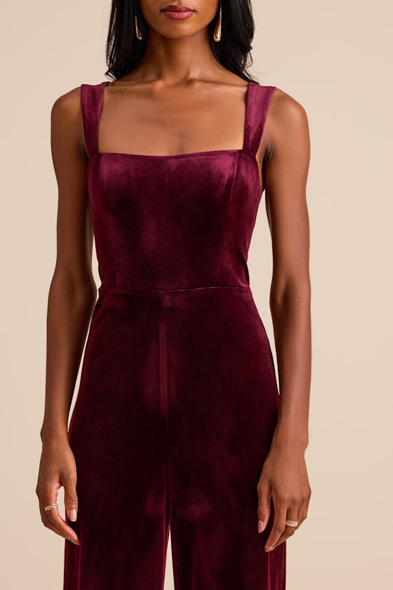 Sayana Burgundy Velvet Sleeveless Straight Leg Jumpsuit 2